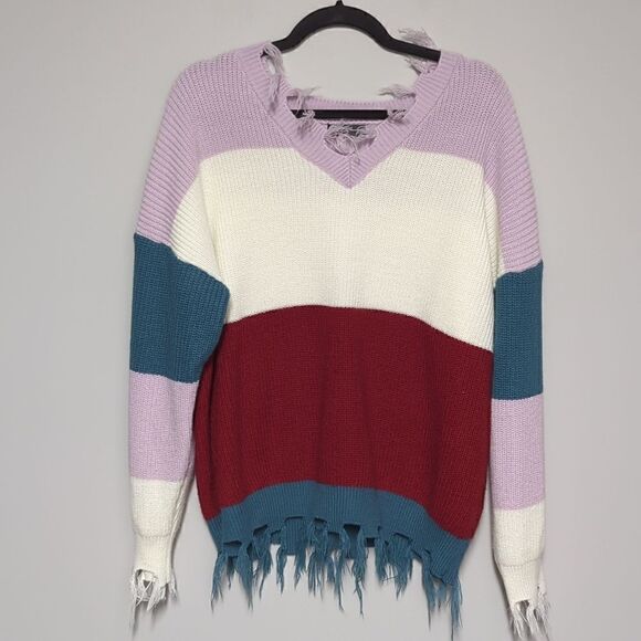 SHEIN Color Block Shark bite Hem V Neck Sweater - Picture 1 of 6